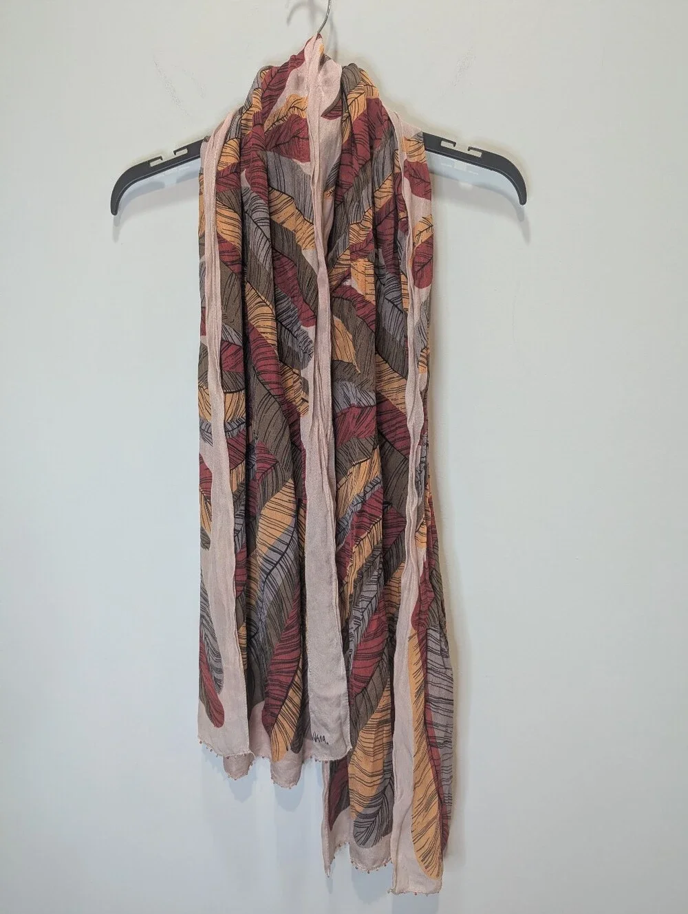 Vintage Vera Neumann Silk Feather Print Scarf With Beaded Edges